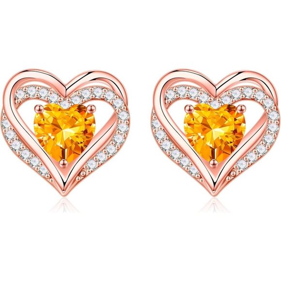 925 Silver Heart Stud Birthstone Earrings Rose-Gold-Plated-11-Nov-Citrine